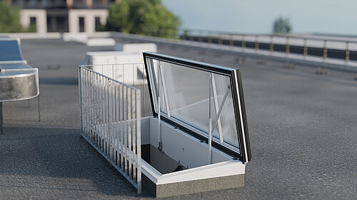 LAMILUX Flat Roof Access Hatch Service FE med gelænder og åbent glasvindue på taget