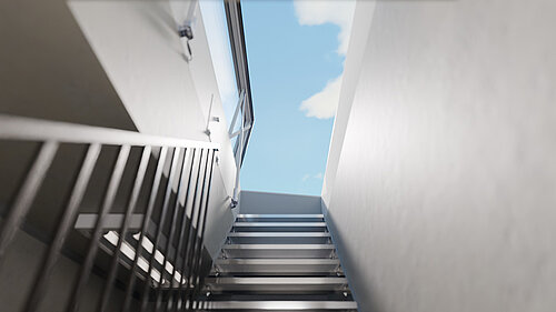 LAMILUX Flat Roof Access Hatch Service FE med trappe og udsigt til himlen