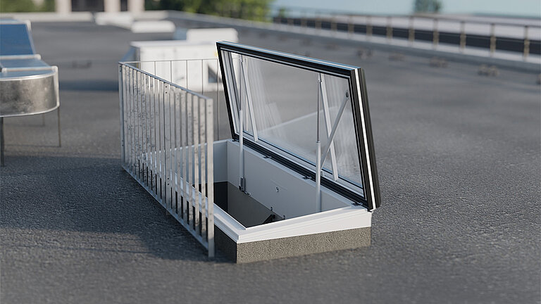 LAMILUX Flat Roof Access Hatch Service FE med gelænder og åbent glasvindue på taget