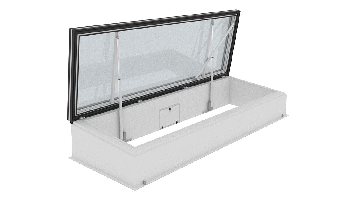 LAMILUX Flat Roof Access Hatch Service FE med åbent glaselement på det tekniske produktbillede